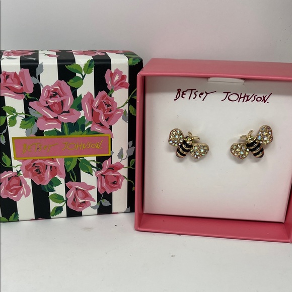 BETSEY JOHNSON BUMBLEBEE EARRINGS GOLD BLACK STRIPE IRIDESCENT RHINESTONES NWT - Picture 2 of 8